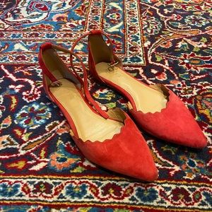 J Crew red suede scalloped pointy toe flats